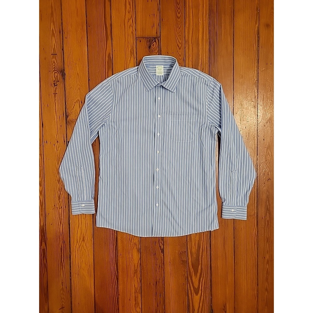 Brook Brothers Slim Fit Mens L Blue White Stripe 16.5 Non Iron Stretch Casual